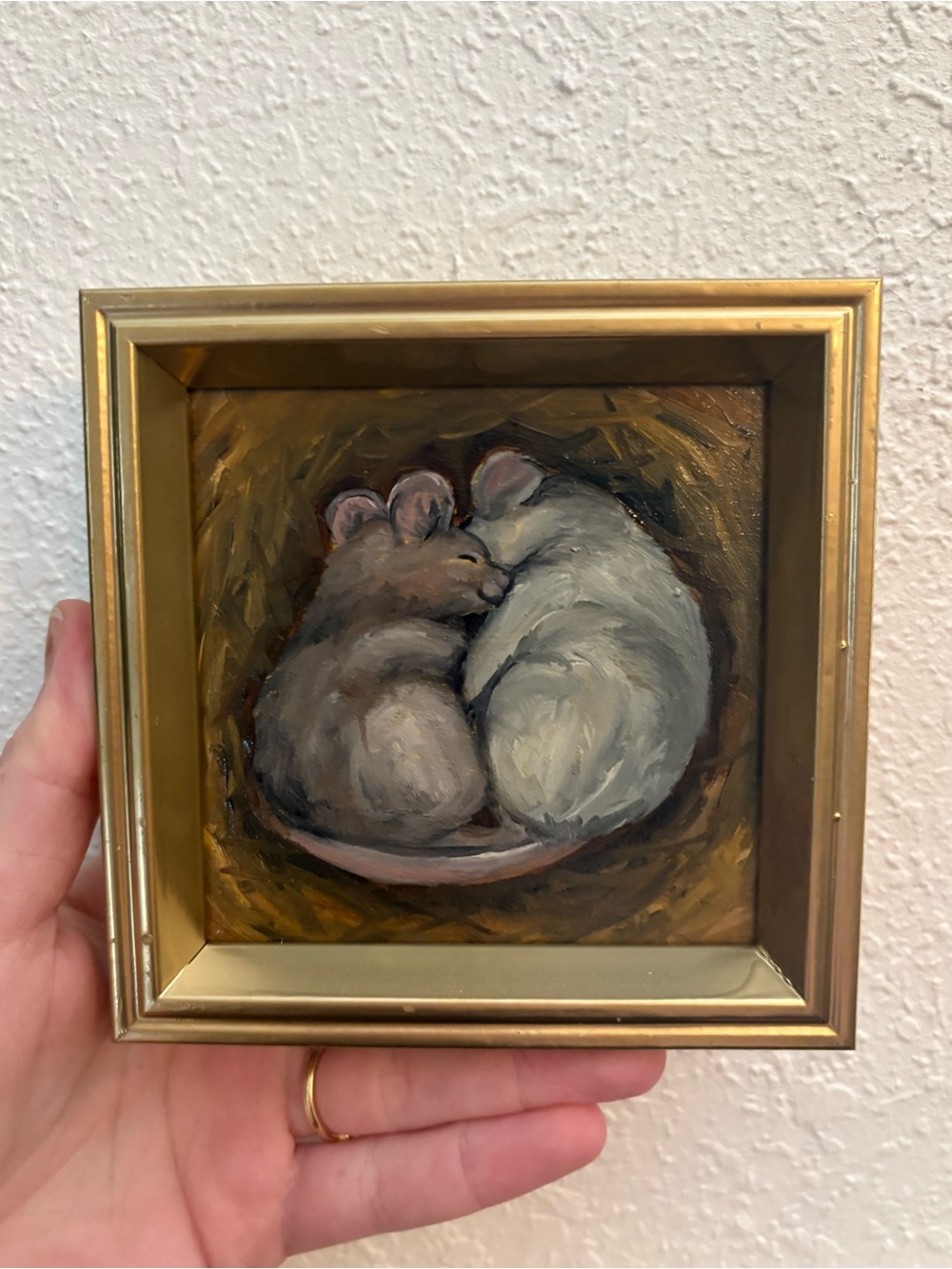 "Together #3” Original oil painting on wood board mini framed 4x4"